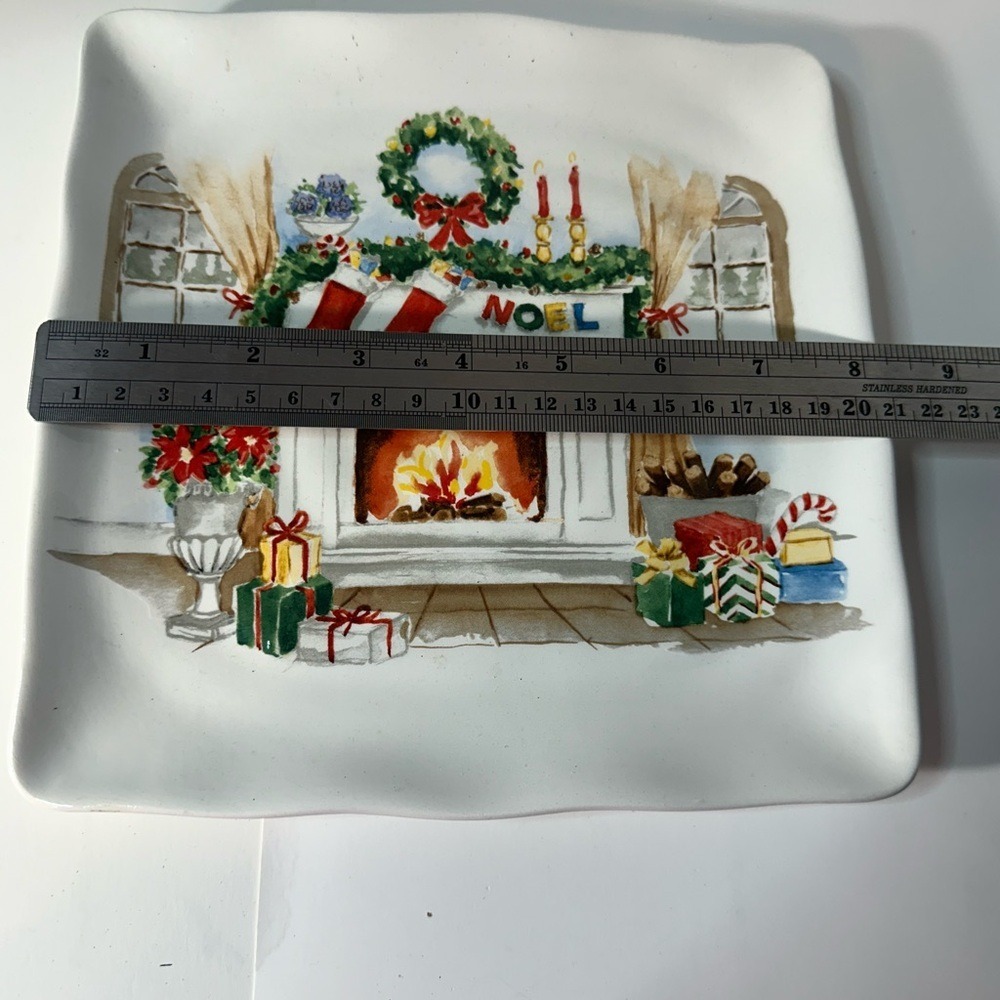 Maxcera Christmas Fireplace Noel Square Ceramic Salad Appetizer Plate 8.5 Inch - Picture 3 of 4